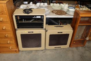 Two Peavey Delta Blues 210 amplifiers and a rack m