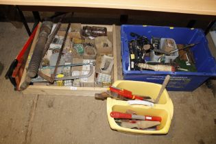 Two boxes containing various hand tools, screws, f