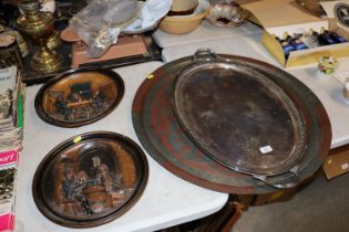 A large Eastern brass tray, a plated twin handled