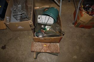 A box of various sundries including hanging basket