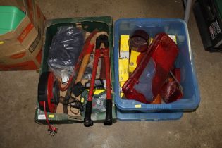 Two boxes containing bolt croppers, various tools,