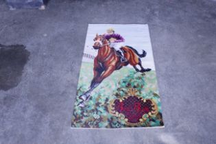 An approx. 4'3" x 2'4" Red Rum tapestry type floor rug by L M Brown, NB Red Rum was a three time