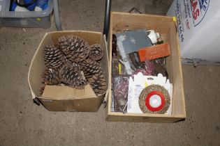 Two boxes containing various hand tools and pine c