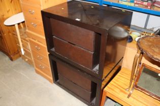 A pair of polished wood two drawer occasional tabl