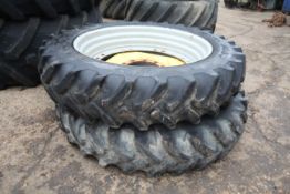 Pair of Firestone 320/85R38 row crop wheels and tyres. With bolt in 10-stud John Deere centres. V