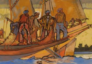 P.A.J., study of a fishing boat, signed gouache, 48cm