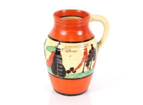 A Clarice Cliff "Trees and House" decorated baluster vase, 19.5cm high (restored)