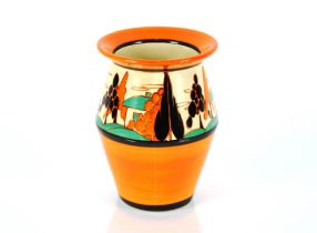 A Clarice Cliff "Trees and House" pattern vase, 19cm high