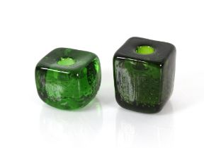 Two green glass controlled bubble candle holders