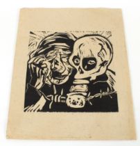 Woodblock print, "Gas Mask" WWII imagery, artist u