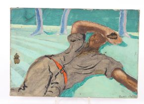 George Oakes 1927-2017, study of a reclining man, oil on canvas signed, unframed, 23cm x 33cm NB. Oa