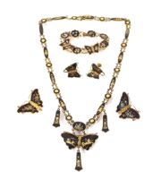 A suite of Japanese Damascene jewellery decorated
