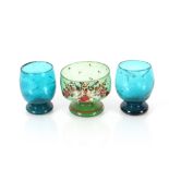 A pair of blue Art Glass tumblers and a larger ena