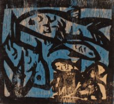 Sylvia Priestland, black and blue woodblock print