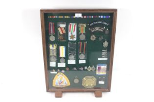 A table top display case with contents including T