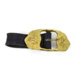 A leather hanging strap with high quality gilded b