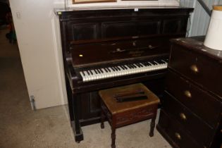 A Bluthner Leipzig upright piano No. 63461; and a mahogany upholstered piano stool