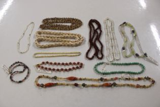 A box of various semi-precious bead necklaces; mot