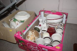 Two boxes containing Samson dinnerware and various