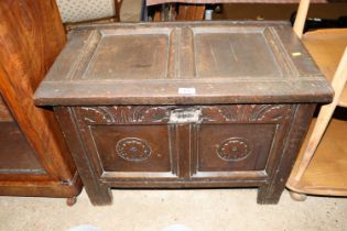 An antique oak coffer of small proportions, approx