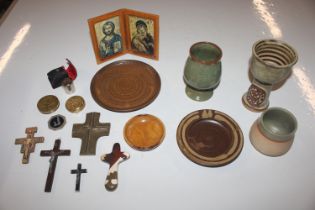 A box containing various pottery and wooden items,