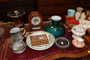 An American mantel clock; an inlaid trinket box; W