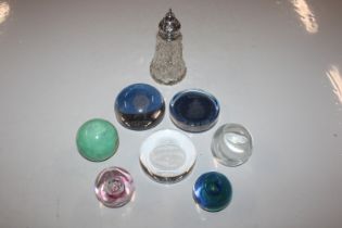 A collection of glass paperweight including Caithn