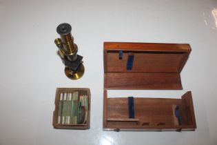 A brass microscope with case, case AF; and a colle