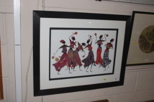 A framed coloured print depicting females dancing