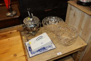 A spirit kettle; two cut glass bowls; and a cheese
