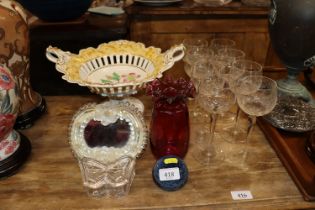 A floral decorated pedestal dish; paperweights; an