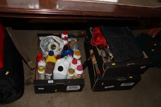 Three boxes containing rope, hand tools and variou