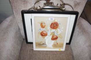 A wrought iron framed wall mirror, W. Childs, framed still life study, together with a framed print