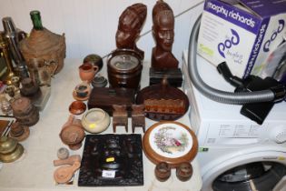 A collection of wooden items to include biscuit ba