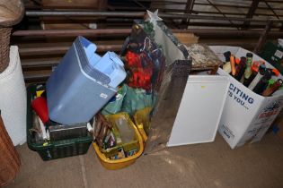 Two trays; a wooden stool; Christmas decorations;