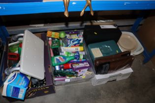 Three boxes containing various sundry items to include water garden pump, cash tins, bed sheets