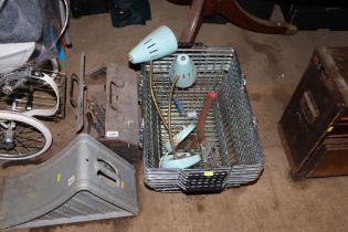 A metal tool box and contents of tools; shopping b