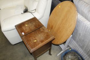 A part painted oak tilt top table and a sewing box