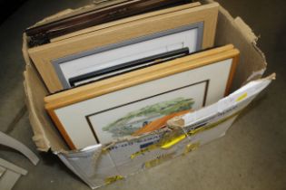 A box of miscellaneous pictures; prints and a mirr