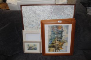 A map of Ipswich and a pair of coloured prints dep