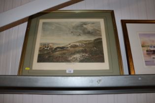 A framed and glazed coloured print of hare coursin