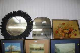 Two framed wall mirrors and a still life study