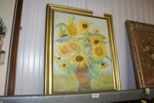 D L Briggs, still life study of sunflowers in a va