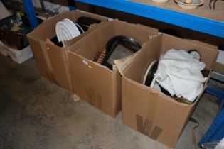 Three boxes containing various kitchenalia, brass