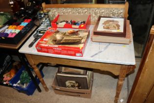 An oak marble topped and tile back washstand