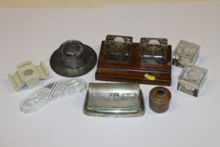 A box containing desk calendar; pewter inkwell; ot