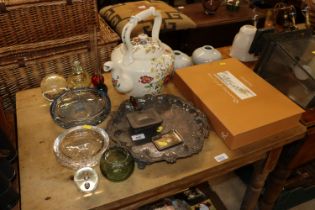 A Copeland Spode "Gainsborough" pattern kettle; bubble glass bowls; paperweights and vases; a silver