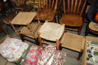 Three string seated stools and a rush seated simil