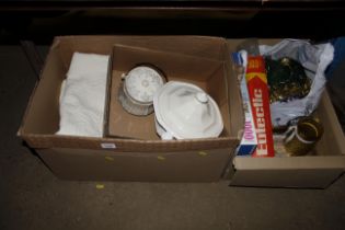Two boxes containing various china; Christmas deco