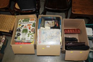 Three boxes of various books; two leather attaché cases and two other bags